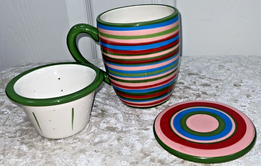 Barnes & Noble Striped Ceramic Infuser, Cup and Top Nested Together New Pretty! Main Image