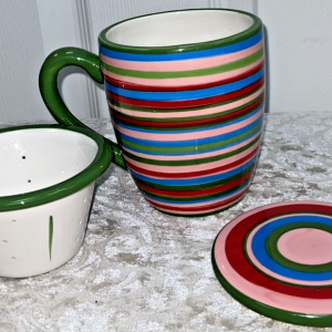 Barnes & Noble Striped Ceramic Infuser, Cup and Top Nested Together New Pretty!