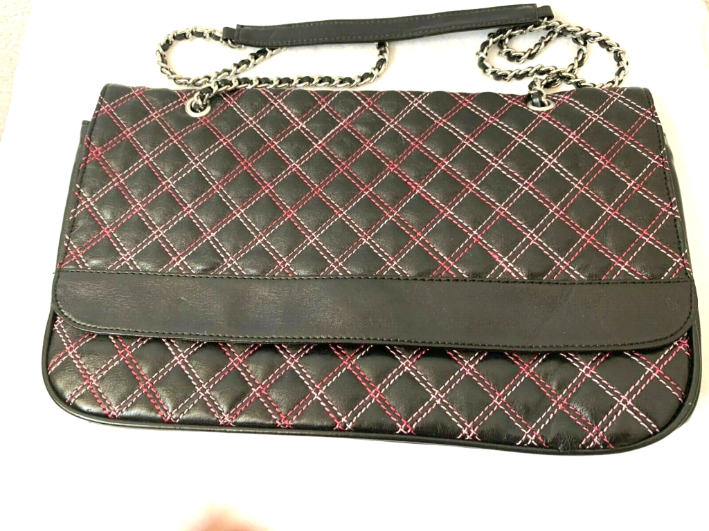 Mark by Avon Blk/Pink Faux Leather Flap Front Hand Bag with Silver Chain Strap Main Image