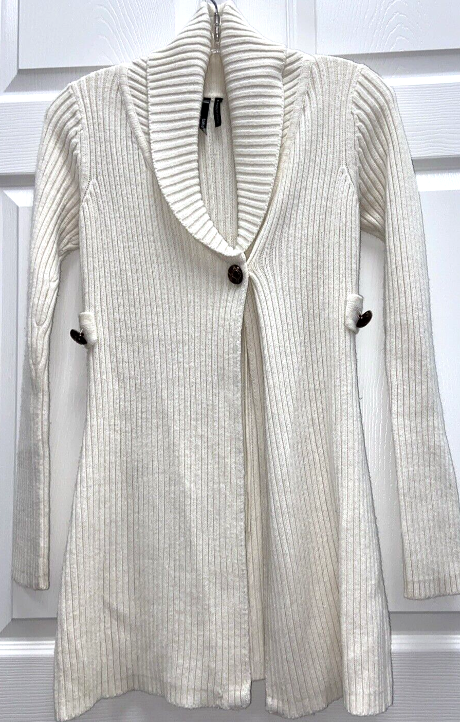 Cute! One Button Women’s Takeout Knit Long Cardigan Sz. Small Ivory Color