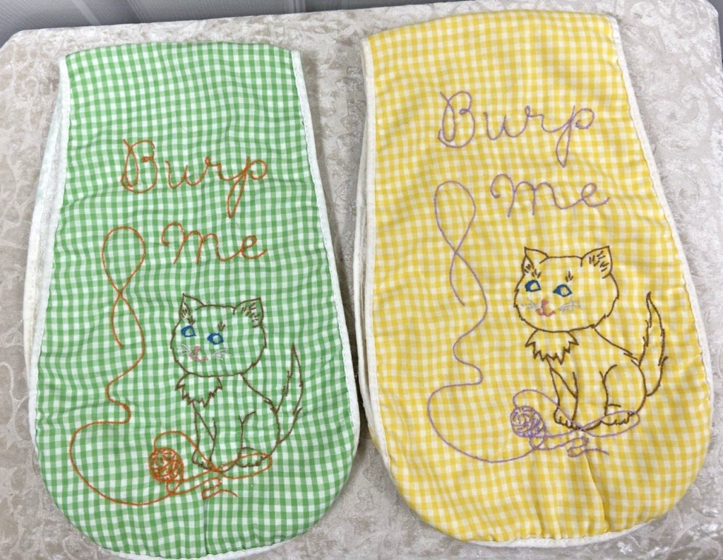 VINTAGE 70s Burp Cloths Embroidered Terry Plaid Kitty and Yarn Main Image