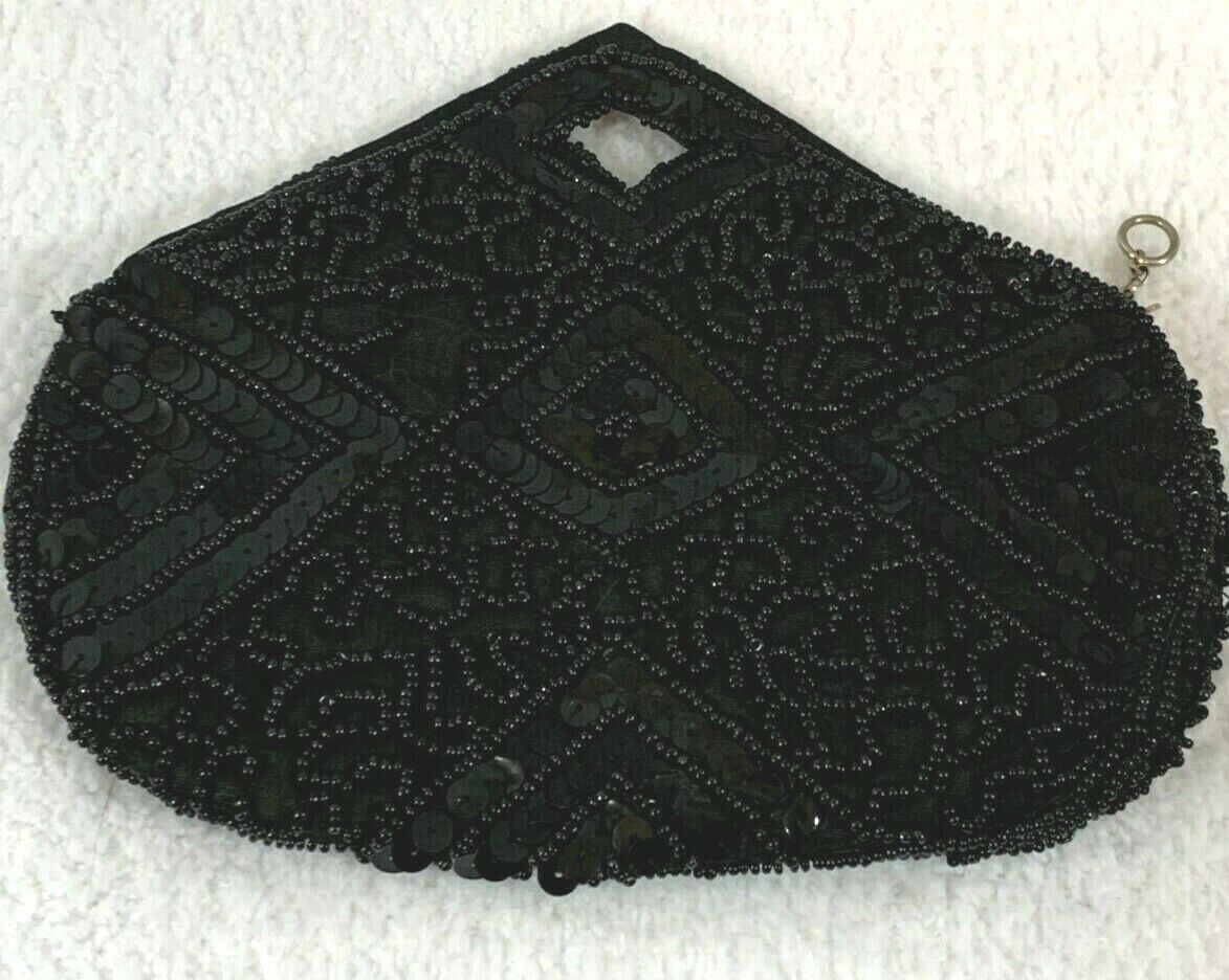 Seed Bead Black Evening Finger Clutch Handbag Vintage Small - Image 2